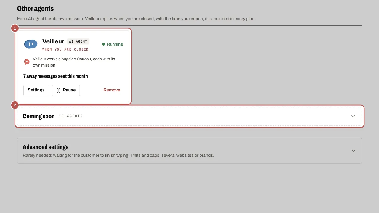 In Other agents, Veilleur’s card in service, with this month’s away messages, Settings, Pause and Remove (1), and the folded Coming soon section (2)
