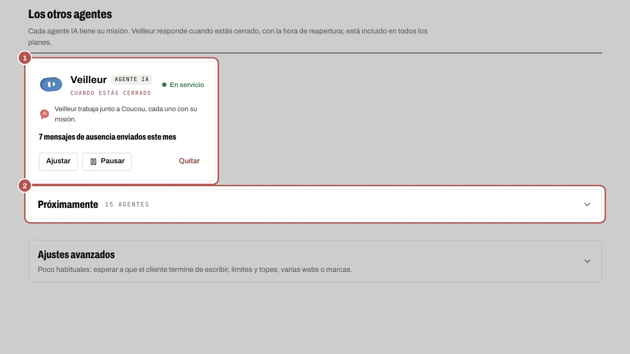 En Los otros agentes, la tarjeta de Veilleur en servicio, con sus mensajes de ausencia del mes, Ajustar, Pausar y Quitar (1), y la sección plegada Próximamente (2)
