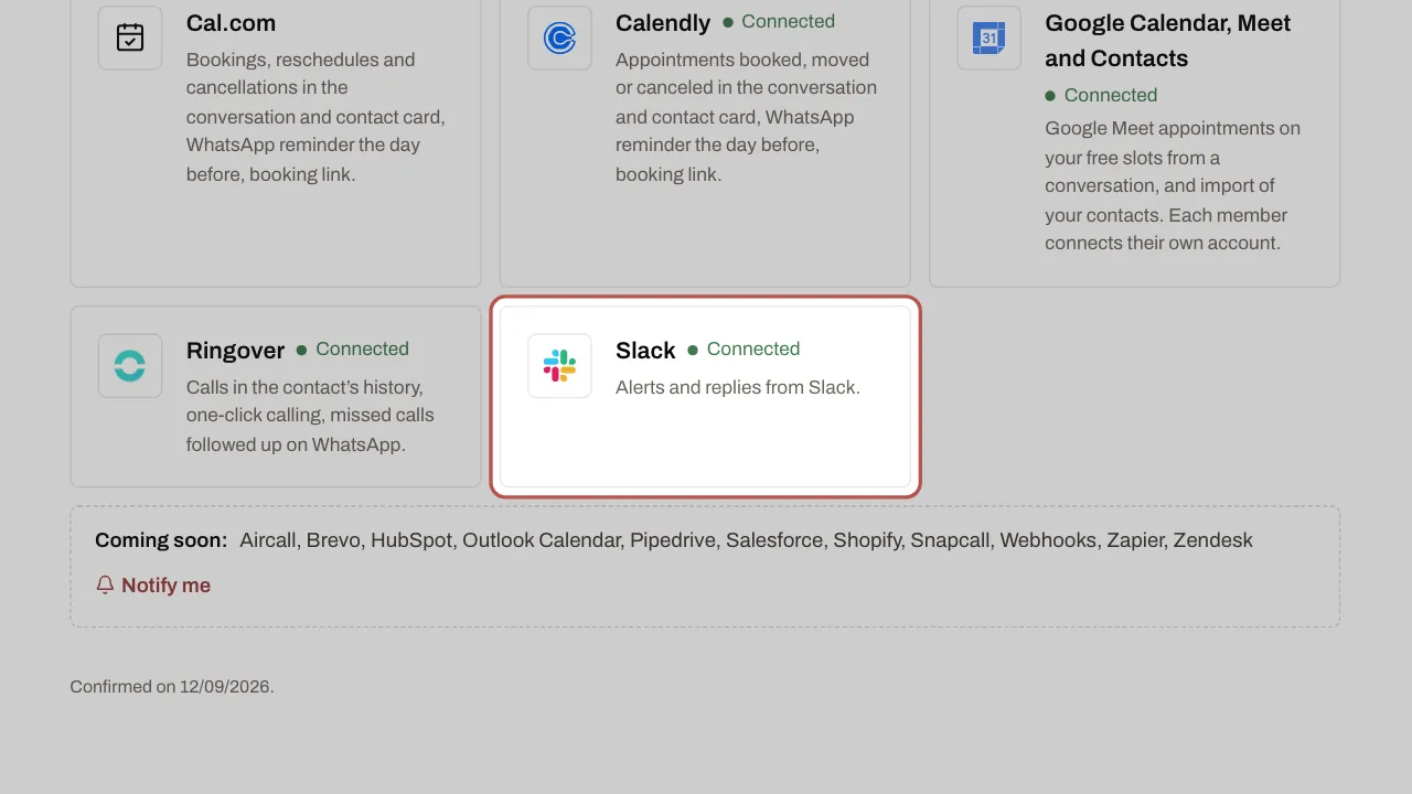 The Slack card among the integrations on the Channels page