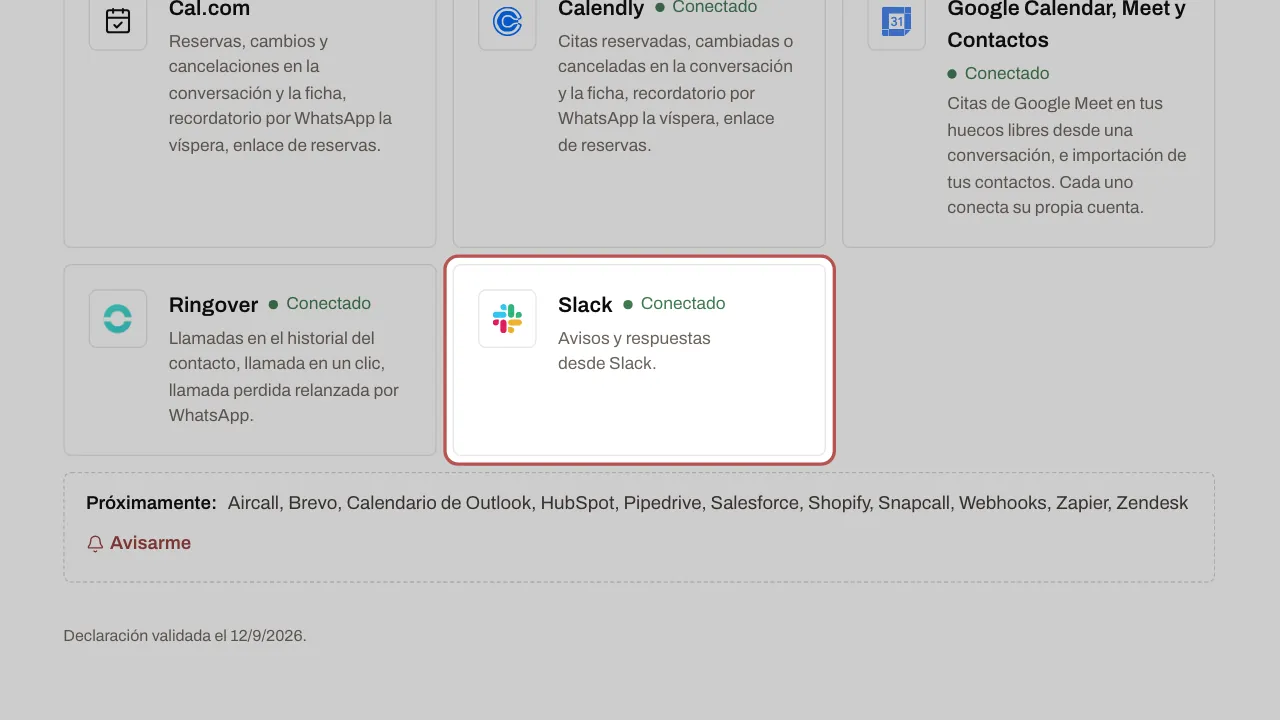 La tarjeta Slack entre las integraciones de la página Canales