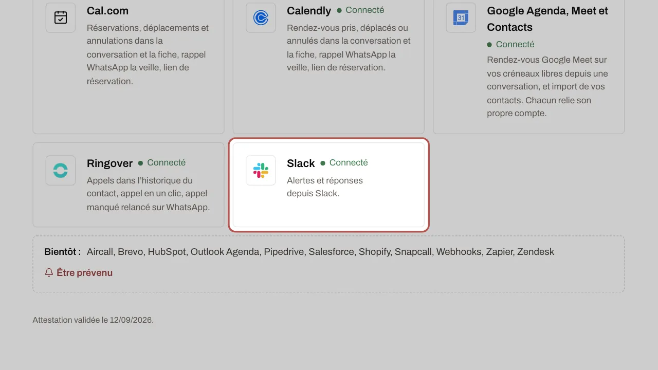 La carte Slack parmi les intégrations de Réglages › Canaux