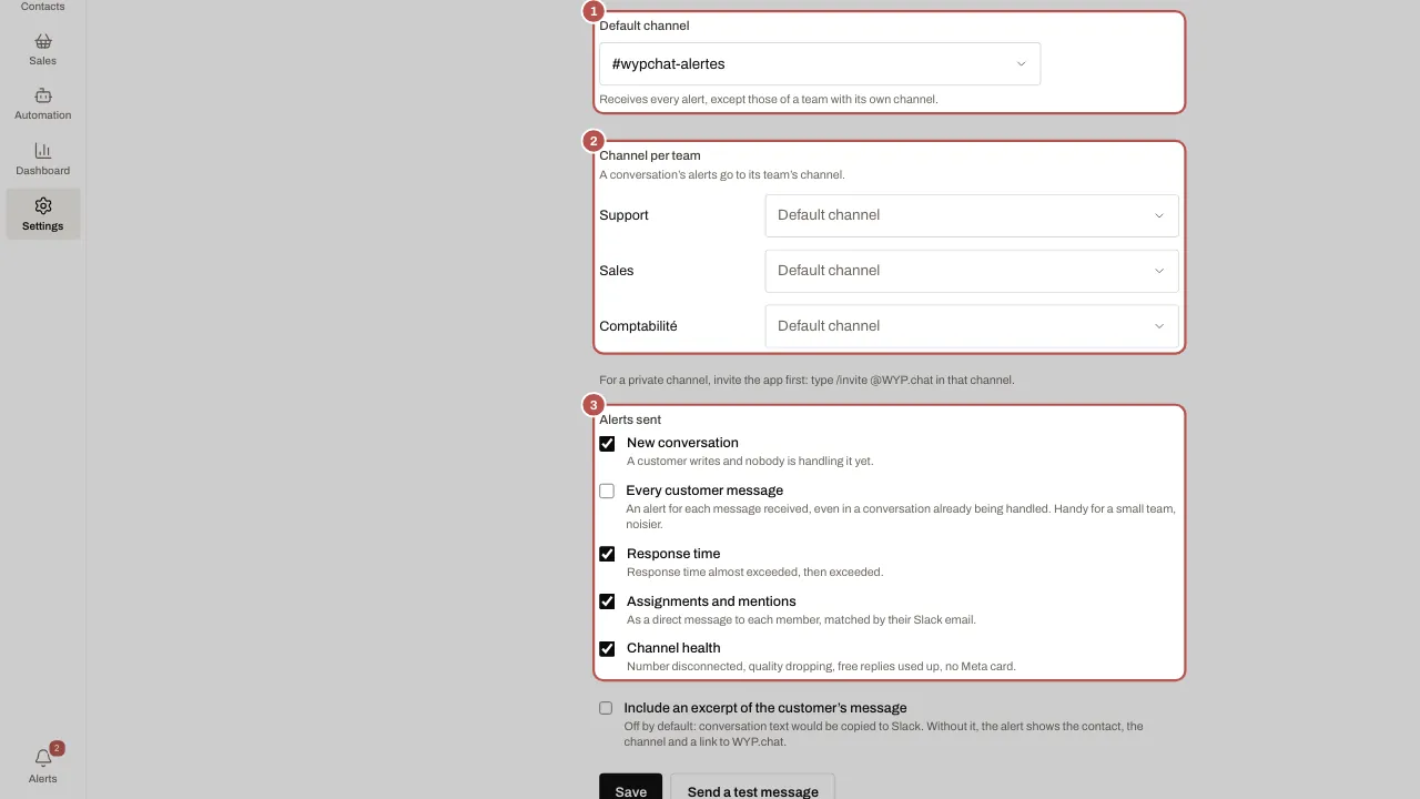 The default channel, a channel per team and the alerts sent