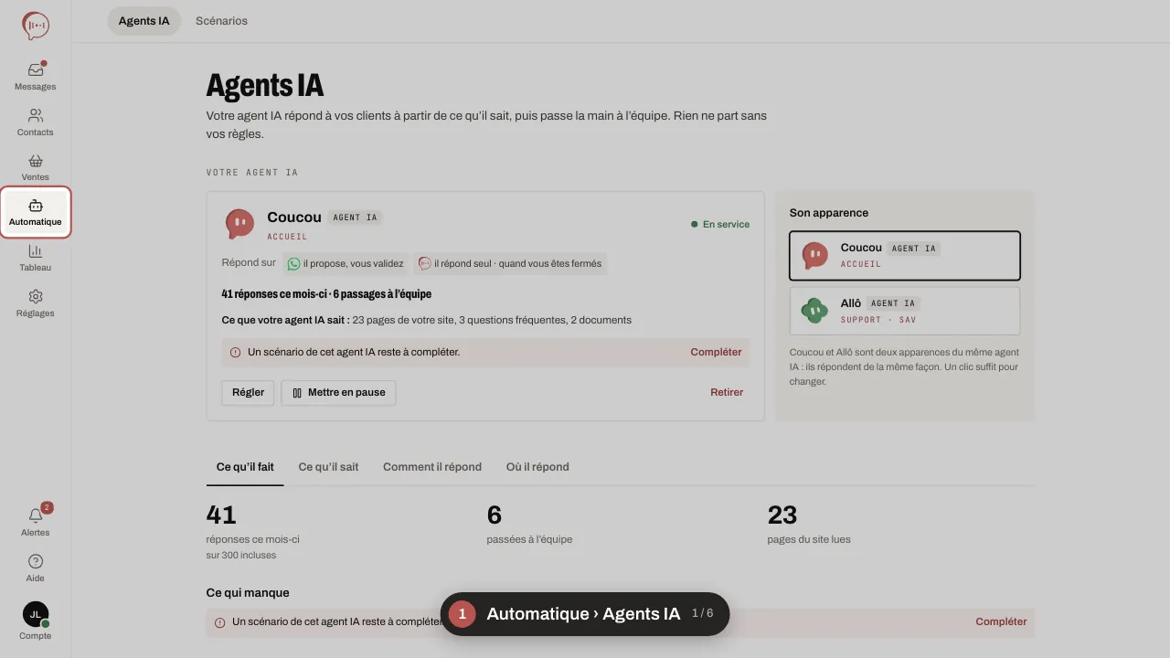 Animation en six étapes : Automatique › Agents IA ; ouvrez l’onglet Où il répond ; chaque canal a son propre choix ; choisissez Il répond seul ; au besoin, cochez Seulement quand vous êtes fermés ; cliquez sur Enregistrer