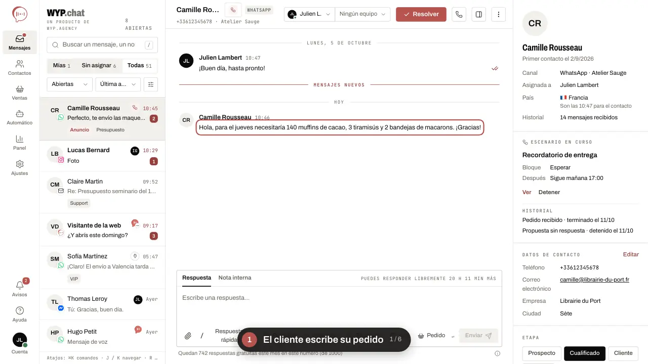 Animación en seis pasos: el cliente escribe su pedido; Pedido y, después, Leer los mensajes del cliente; revisar las líneas preparadas; comprobar la fecha de entrega; Confirmar y preparar el mensaje; revisar el resumen y enviarlo