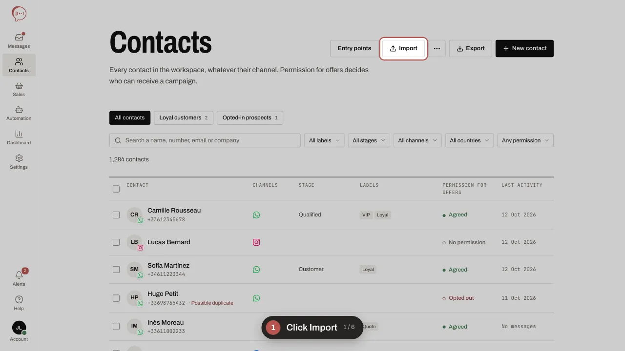 Six-step animation: Import; choose the CSV file; check the column for each header; give the permission for offers and tick the certification; Import, then read the report; filter the list, then Save as segment