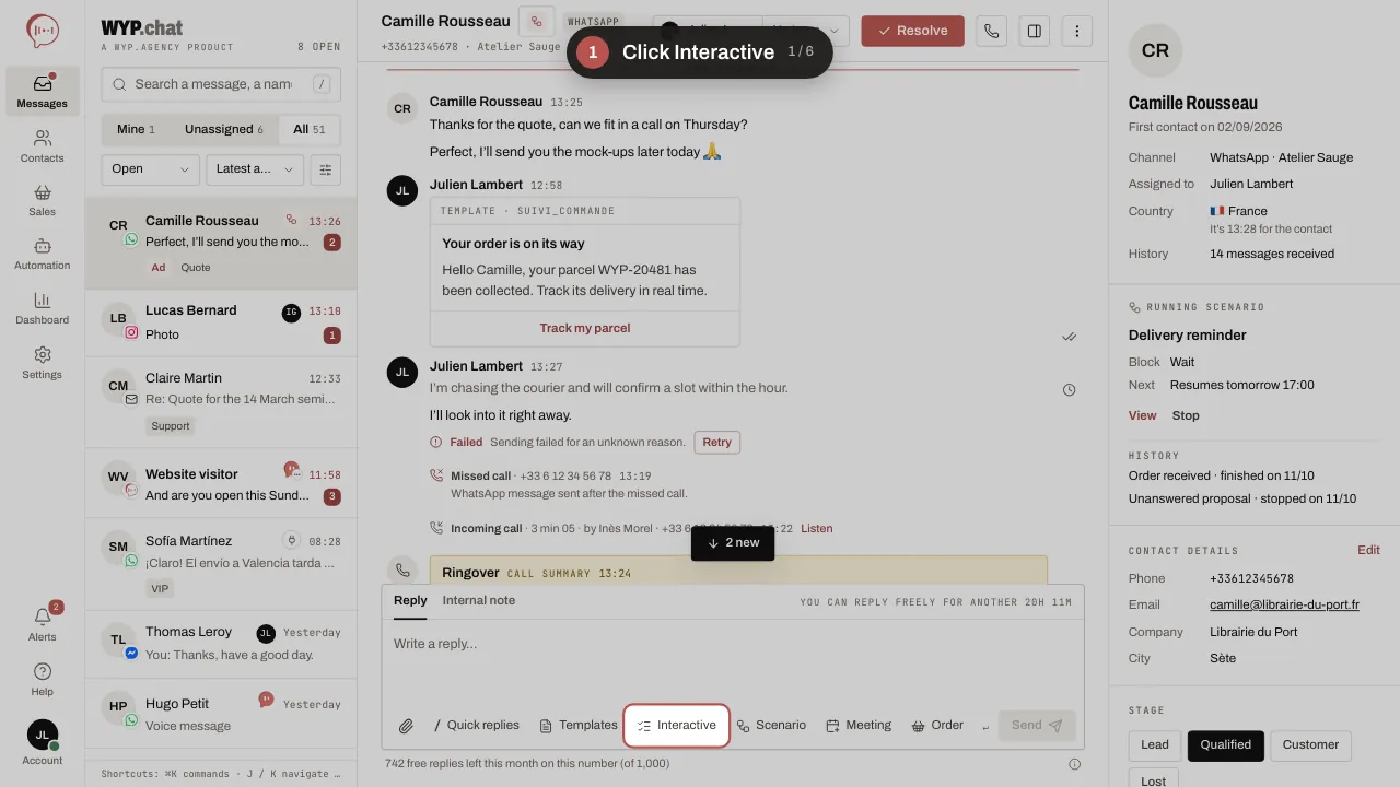 Six-step animation: Interactive; the Carousel type; Start from a ready message, New arrivals carousel; the preview on WhatsApp; the preview on Instagram, to compare; Send