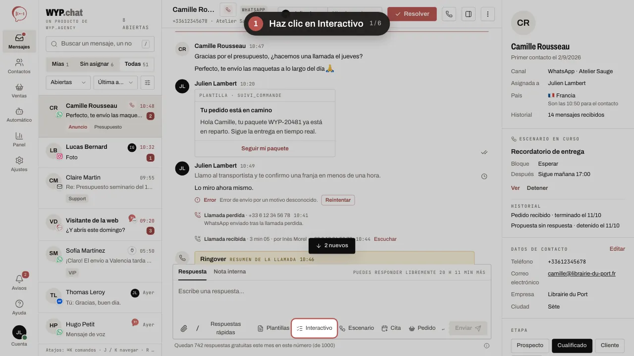 Animación en seis pasos: Interactivo; el tipo Carrusel; Partir de un mensaje listo, Novedades en carrusel; la vista previa en WhatsApp; la vista previa en Instagram, para comparar; Enviar
