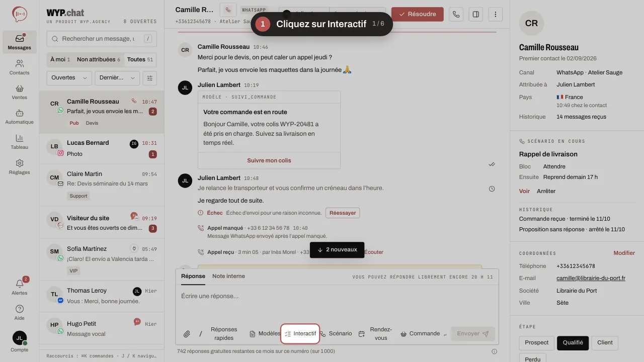 Animation en six étapes : Interactif ; le type Carrousel ; Partir d’un message prêt, Nouveautés en carrousel ; l’aperçu sur WhatsApp ; l’aperçu sur Instagram, pour comparer ; Envoyer