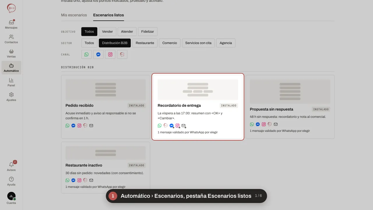 Animación en seis pasos: Automático › Escenarios, pestaña Escenarios listos; la ficha del escenario y, después, Instalar; el borrador y lo que falta ajustar; el ajuste de un bloque en el panel; Probar, en el simulador que no envía nada; Listo para activar ✓, Activar y confirmar