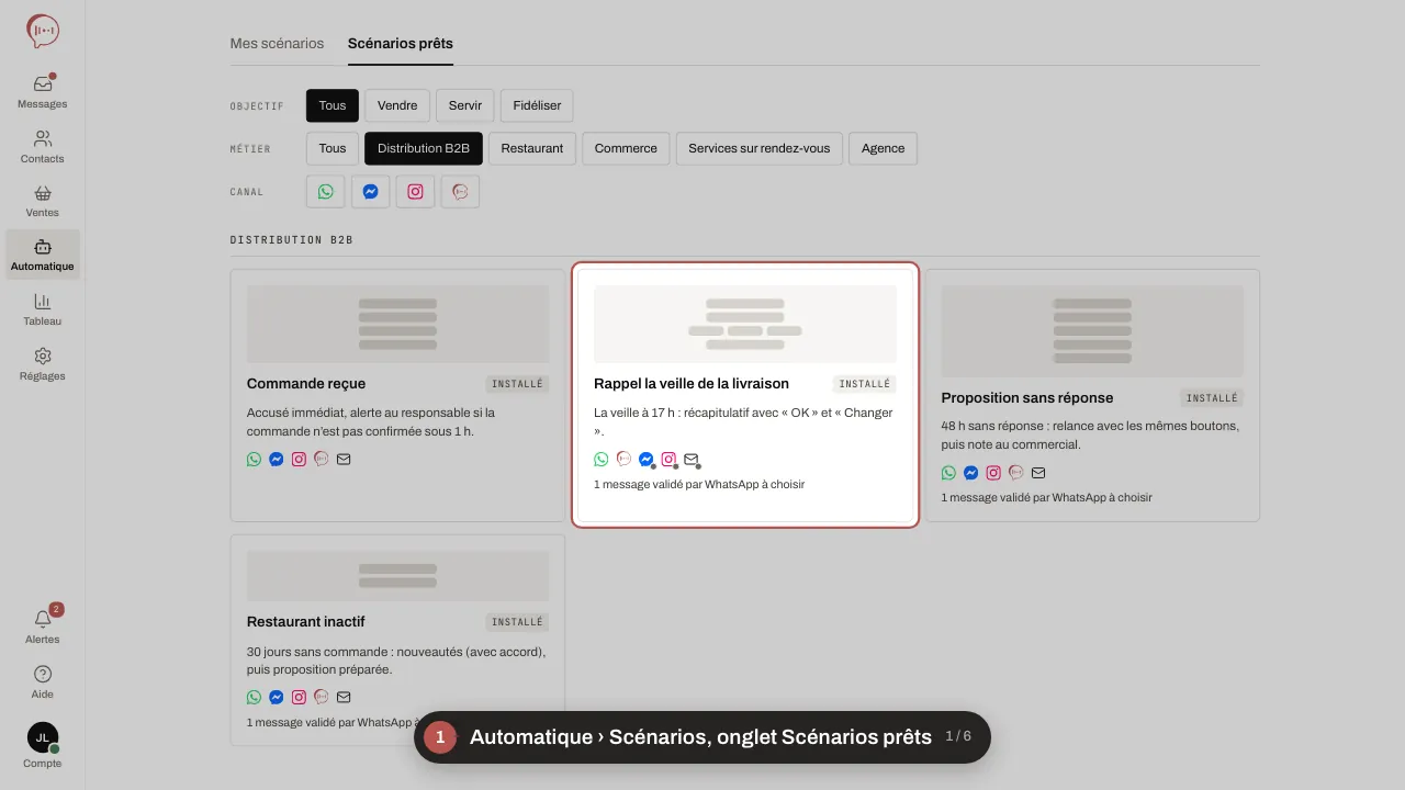 Animation en six étapes : Automatique › Scénarios, onglet Scénarios prêts ; la fiche du scénario, puis Installer ; le brouillon et ses points à régler ; le réglage d’un bloc dans le panneau ; Tester, dans le simulateur qui n’envoie rien ; Prêt à activer ✓, Activer, puis confirmer