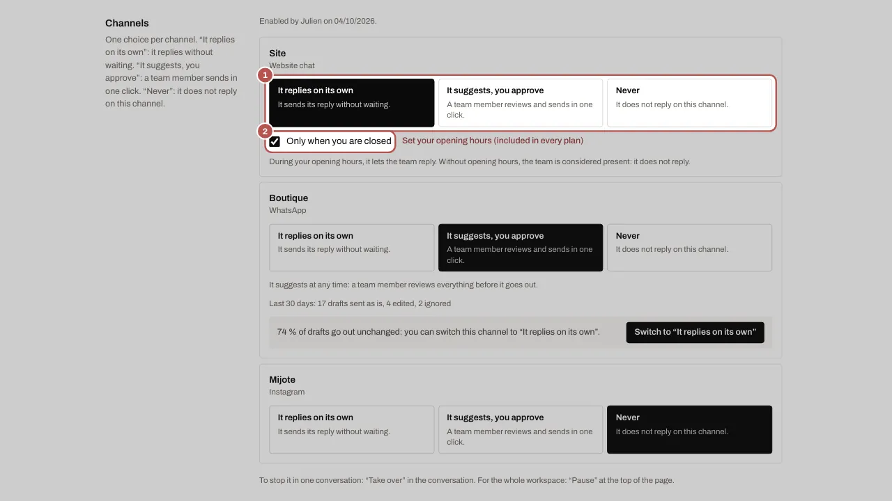 The Where it replies tab: for each channel, It replies on its own, It suggests, you approve or Never, and the Only when you are closed checkbox