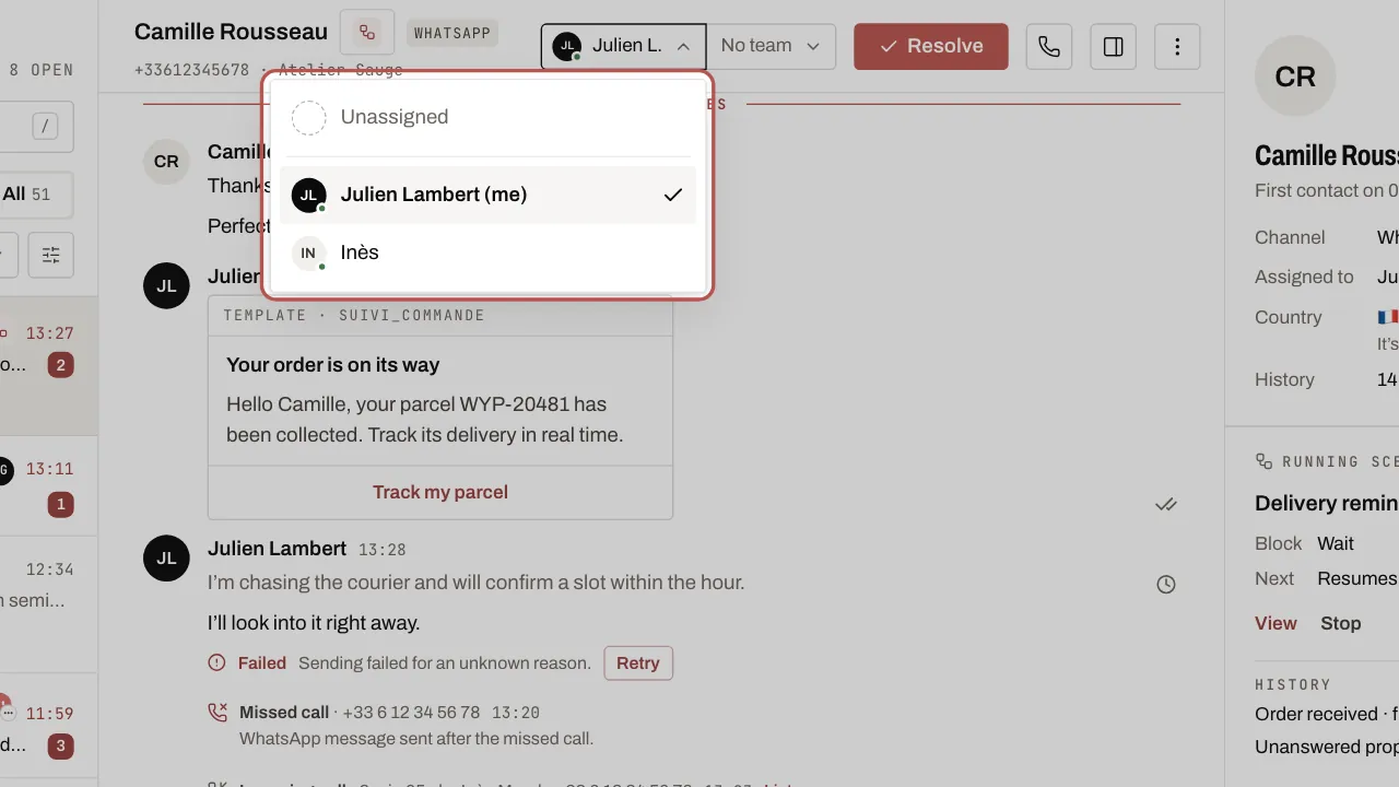 The assignment menu open at the top of the conversation