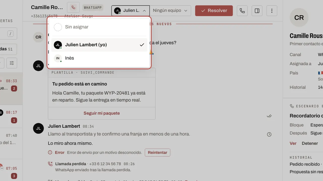 El menú de asignación abierto en la parte superior de la conversación
