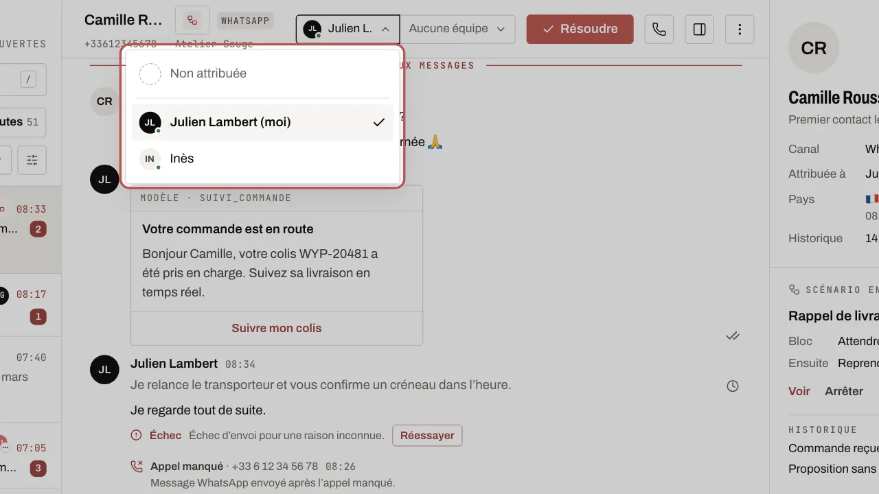 Le menu d’attribution ouvert en haut de la conversation