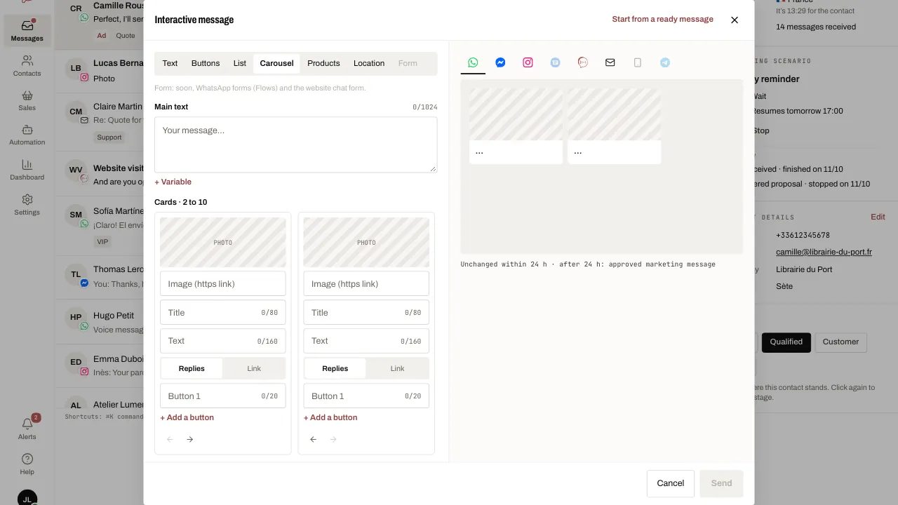 The Interactive message window: the types, the form and the preview per channel