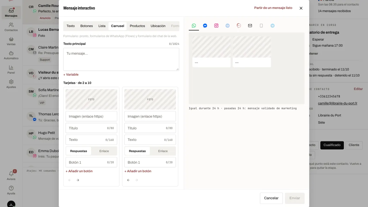La ventana Mensaje interactivo: los tipos, el formulario y la vista previa por canal