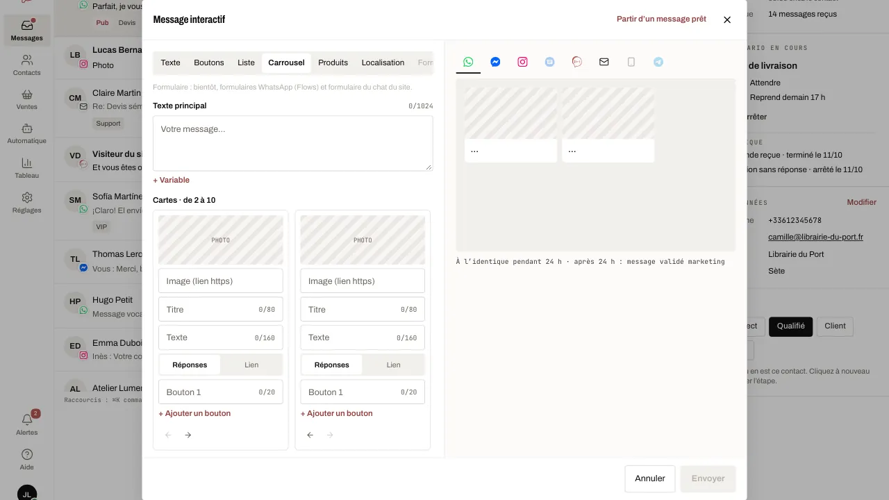 La fenêtre Message interactif : les types, le formulaire et l’aperçu par canal