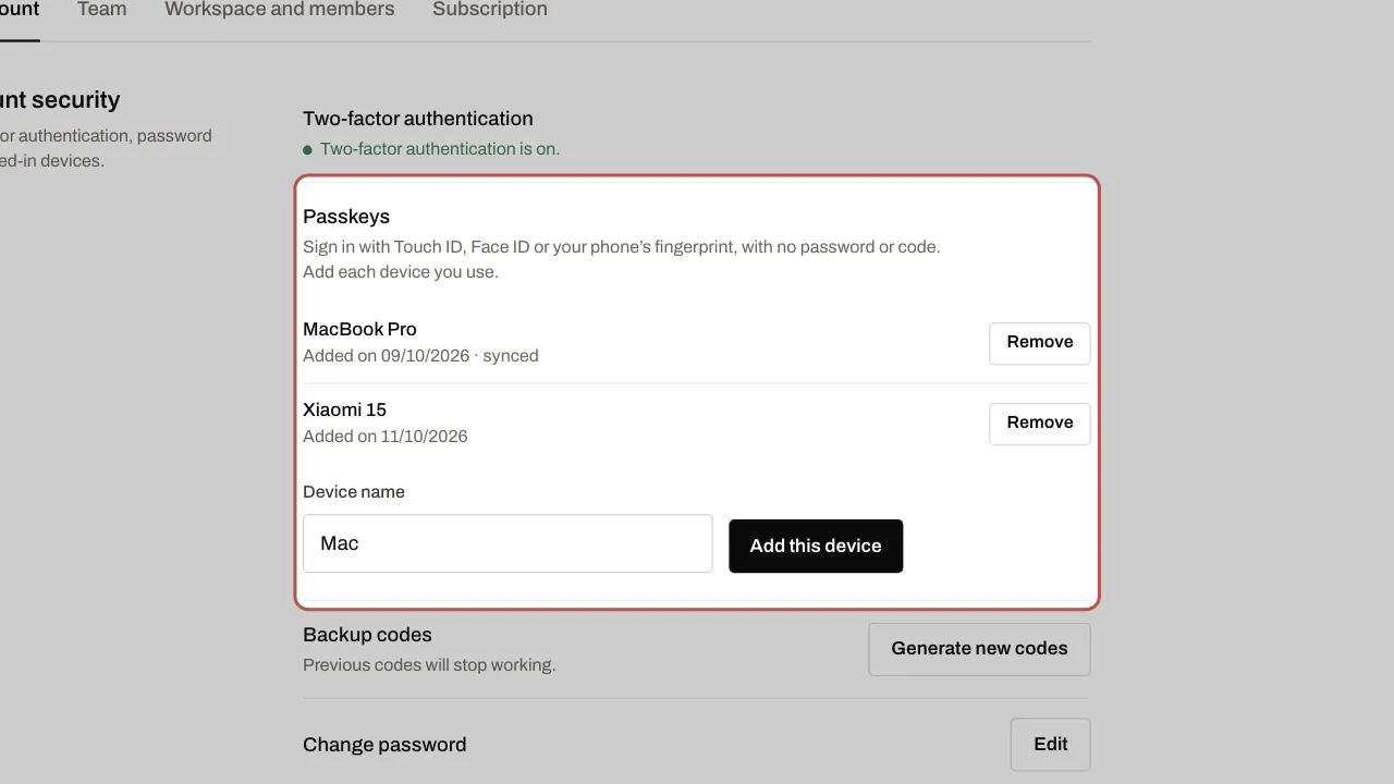 The Passkeys section: the devices added and the Add this device button