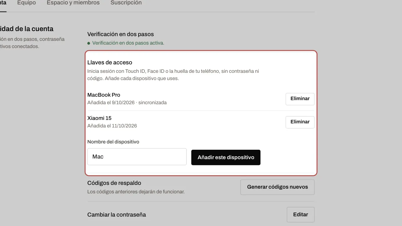 La sección Llaves de acceso: los dispositivos añadidos y el botón Añadir este dispositivo