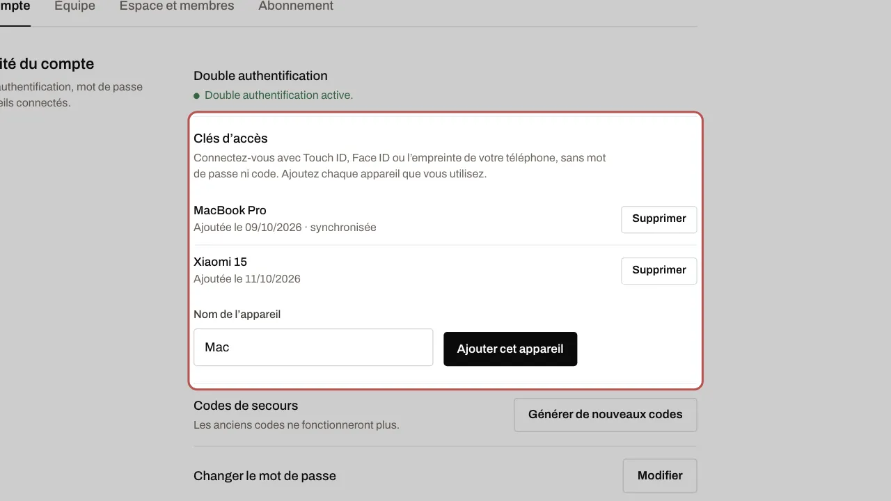 La section Clés d’accès : les appareils ajoutés et le bouton Ajouter cet appareil
