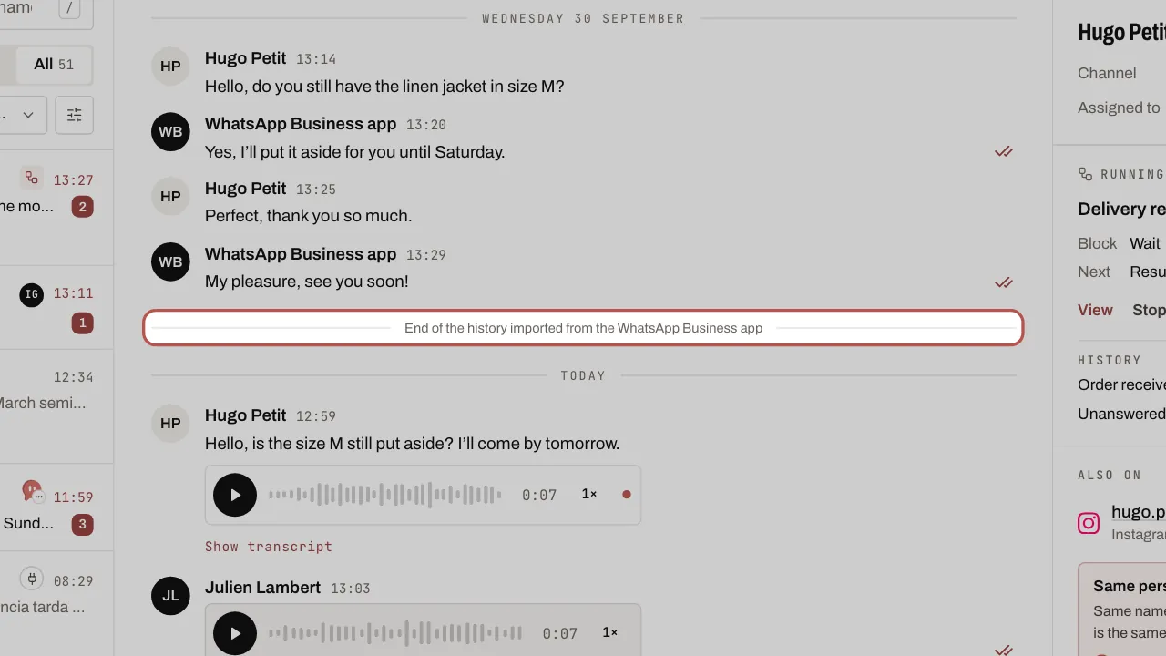 A conversation brought in from the app, then a new message received in WYP.chat