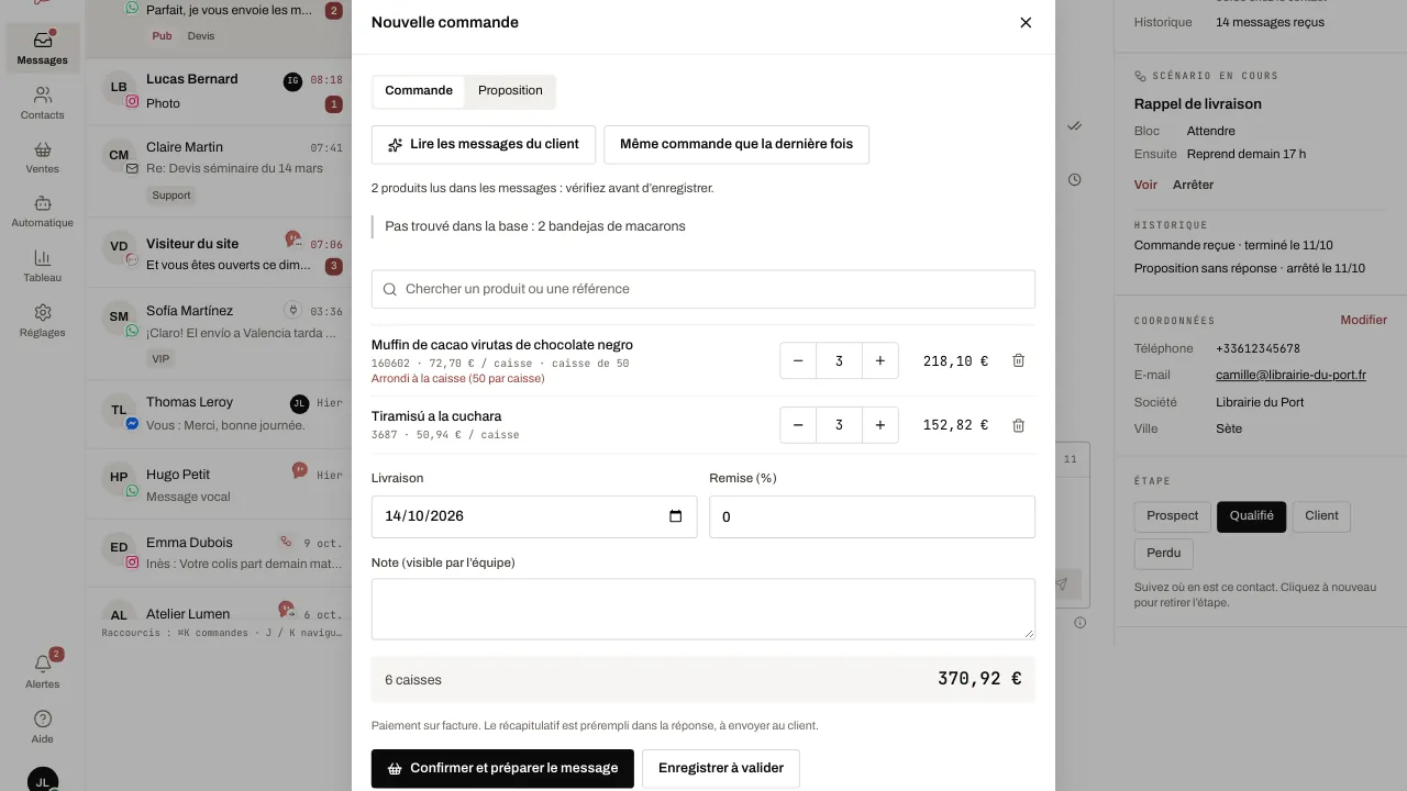 La fenêtre de commande : lignes lues dans le message, livraison et confirmation