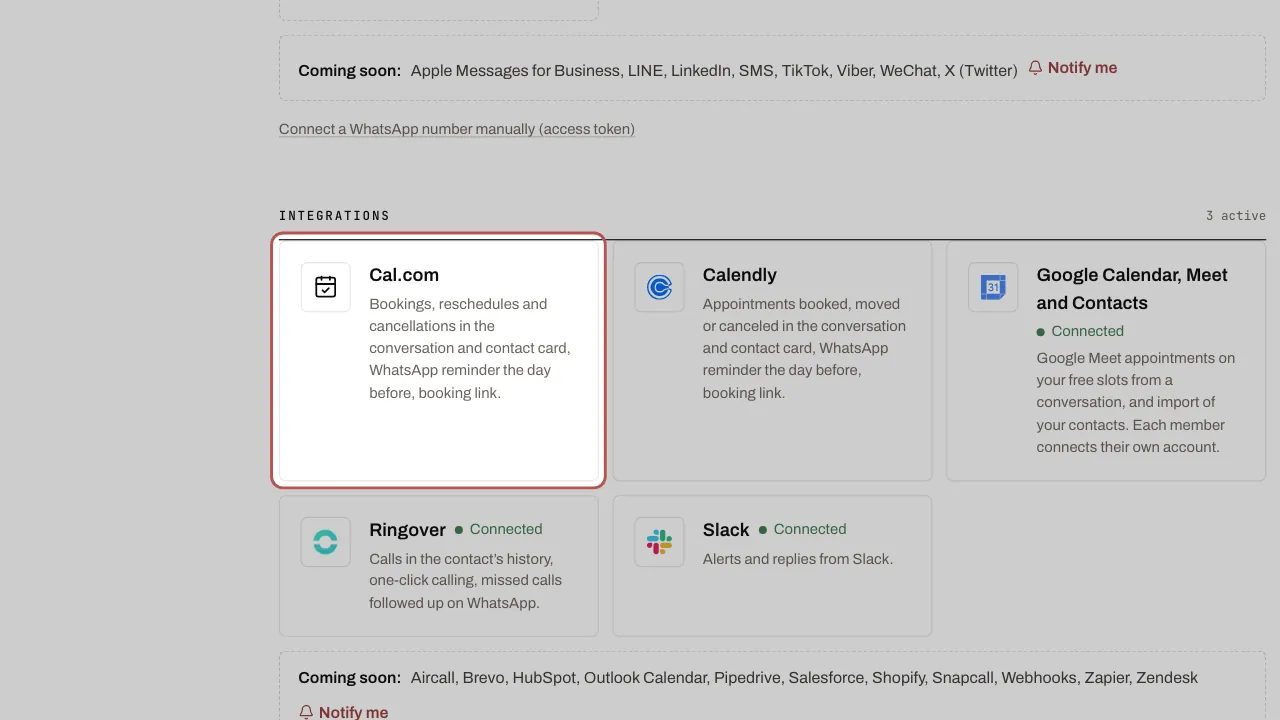 Settings › Channels, Integrations section: the Cal.com card is highlighted
