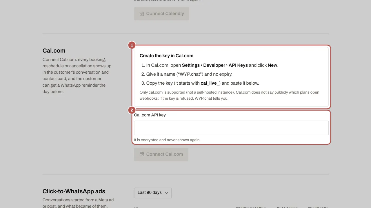 The Cal.com section of Settings › Workspace and members: the guide to create the API key (1) and the field to paste it into (2)