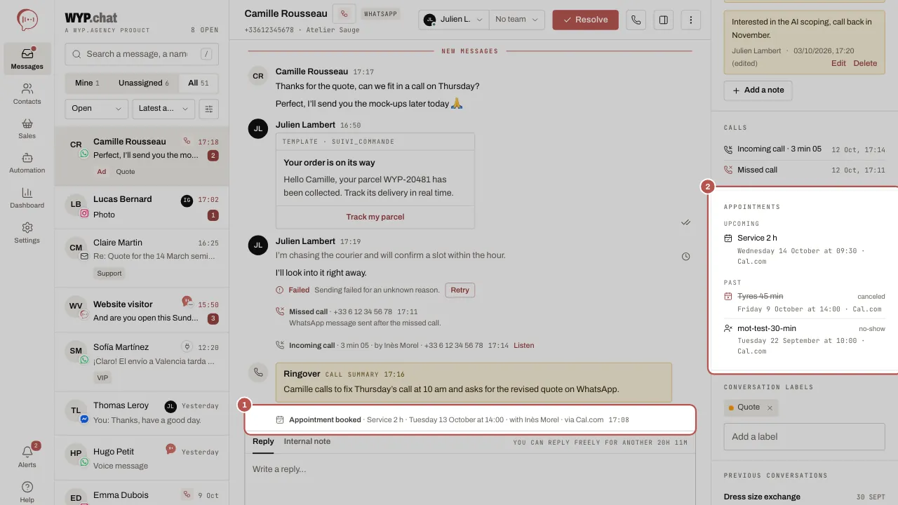 A conversation with, highlighted, the “Appointment booked” line from Cal.com in the thread (1) and, on the right, the Appointments section of the contact record (2), with upcoming and past appointments