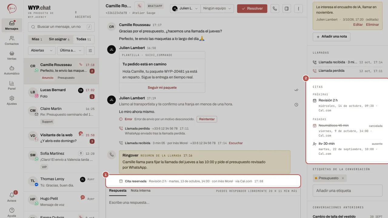 Una conversación con, marcada, la línea «Cita reservada» por Cal.com en el hilo (1) y, a la derecha, la sección Citas de la ficha del contacto (2), con las citas próximas y pasadas