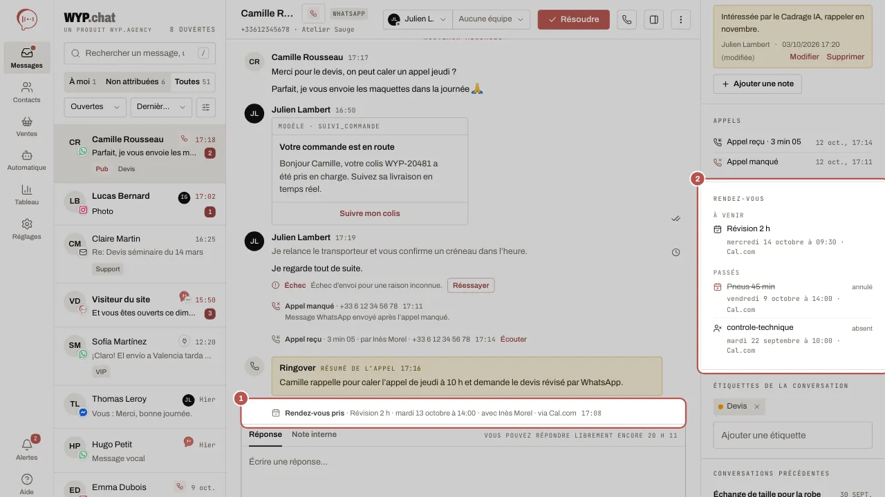 Une conversation avec, entourée, la ligne « Rendez-vous pris » par Cal.com dans le fil (1) et, à droite, la section Rendez-vous de la fiche du contact (2), avec les rendez-vous à venir et passés