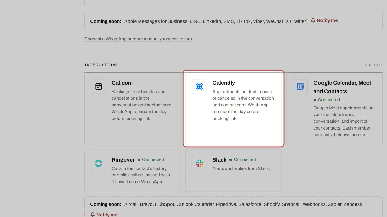 Settings › Channels, Integrations section: the Calendly card is highlighted