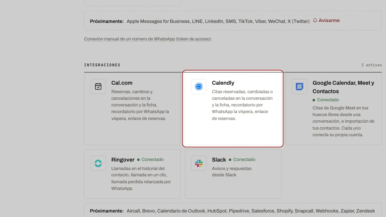 Ajustes › Canales, sección Integraciones: la tarjeta de Calendly está marcada