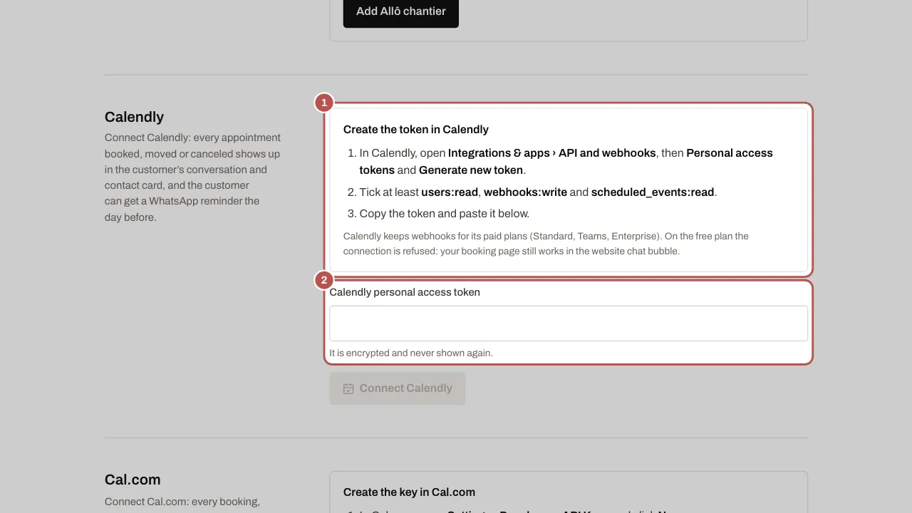 The Calendly section of Settings › Workspace and members: the guide to create the token (1) and the field to paste it into (2)