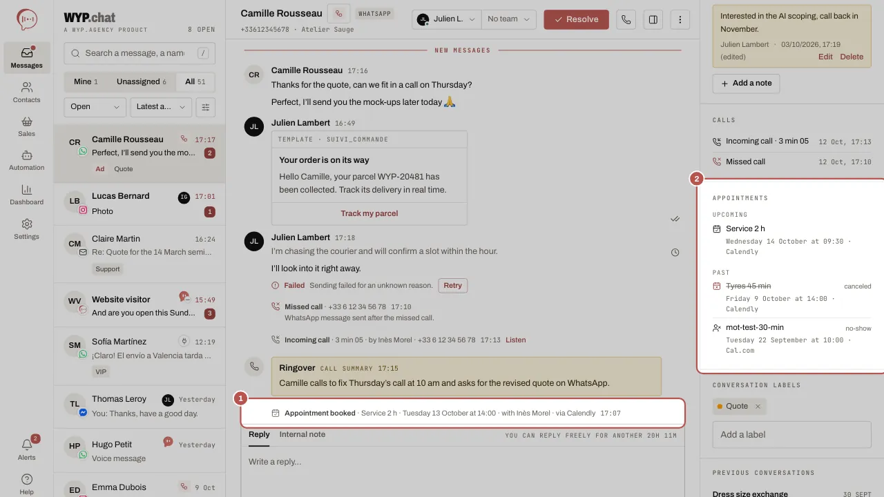 A conversation with, highlighted, the “Appointment booked” line in the thread (1) and, on the right, the Appointments section of the contact record (2), with upcoming and past appointments
