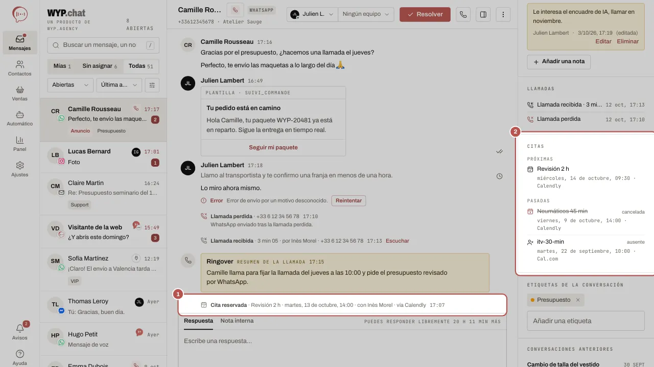 Una conversación con, marcada, la línea «Cita reservada» del hilo (1) y, a la derecha, la sección Citas de la ficha del contacto (2), con las citas próximas y pasadas