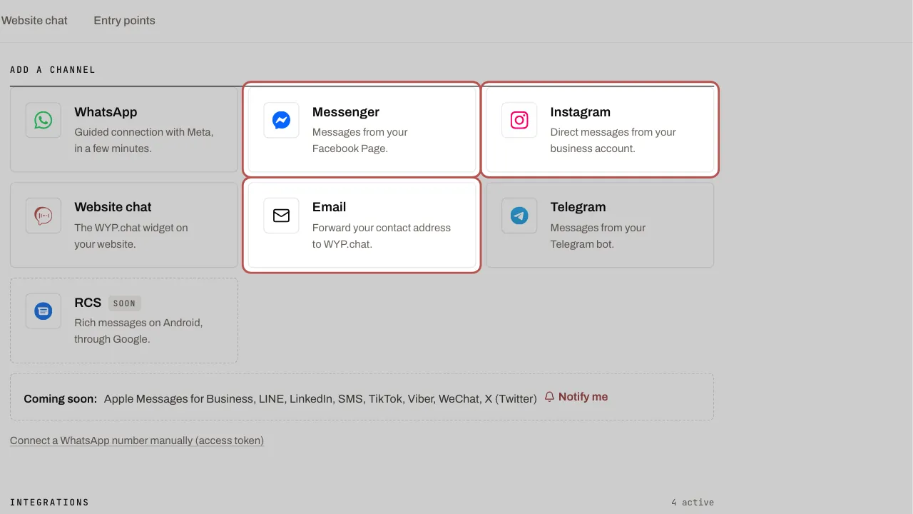 The Messenger, Instagram and Email cards under “Add a channel”