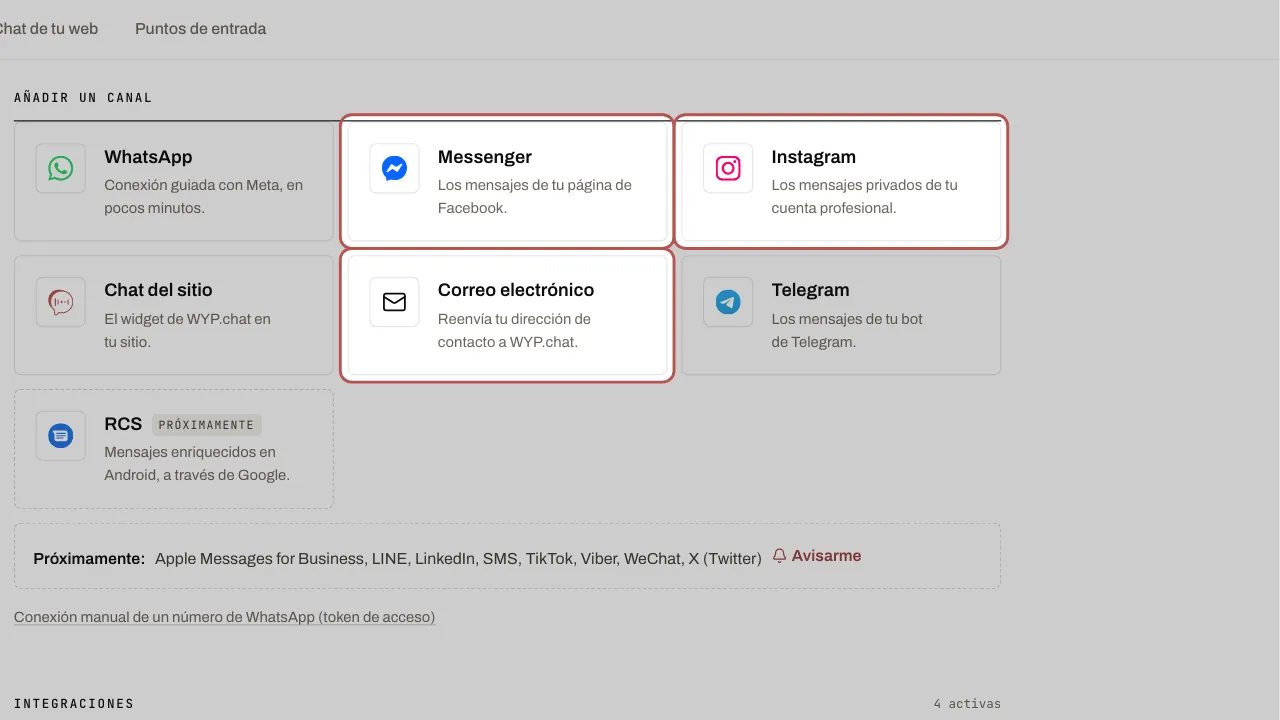 Las tarjetas Messenger, Instagram y Correo electrónico bajo «Añadir un canal»