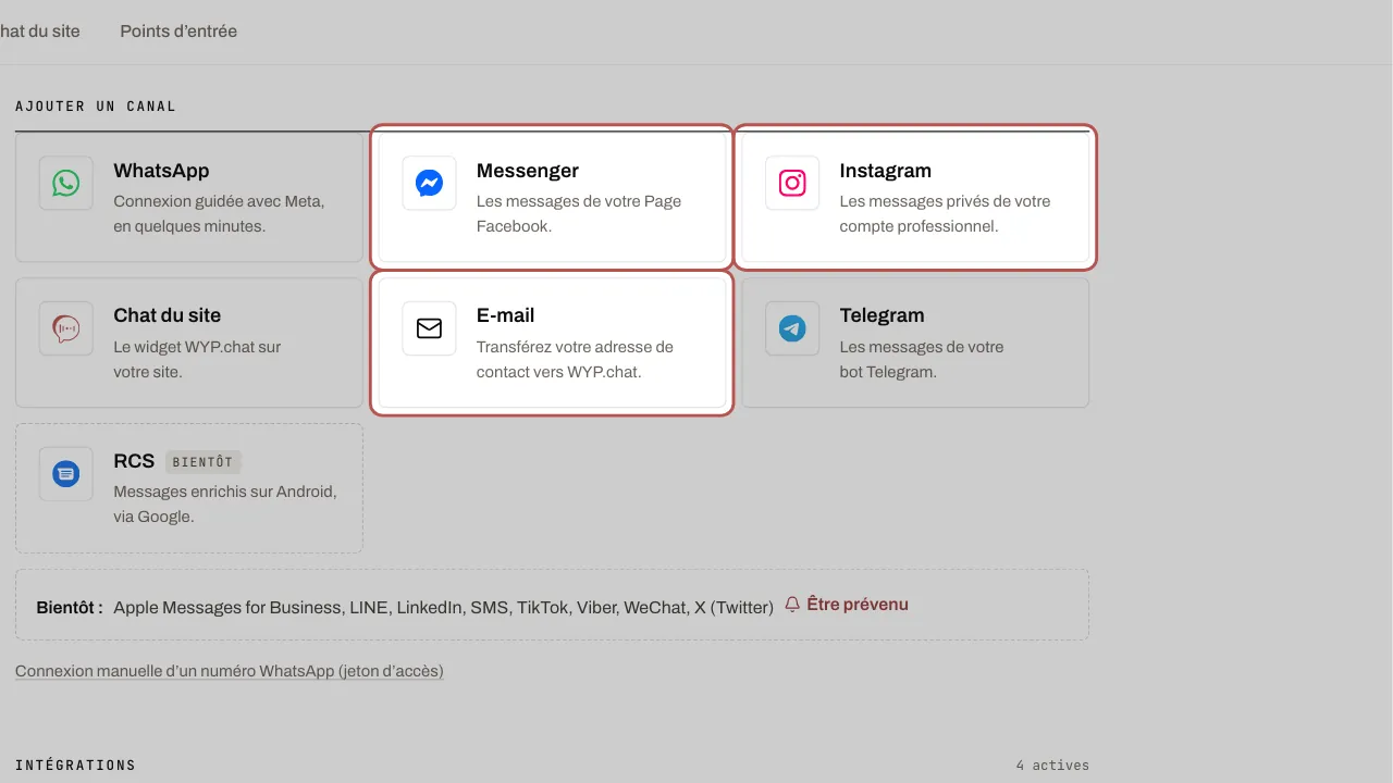 Les cartes Messenger, Instagram et E-mail sous « Ajouter un canal »