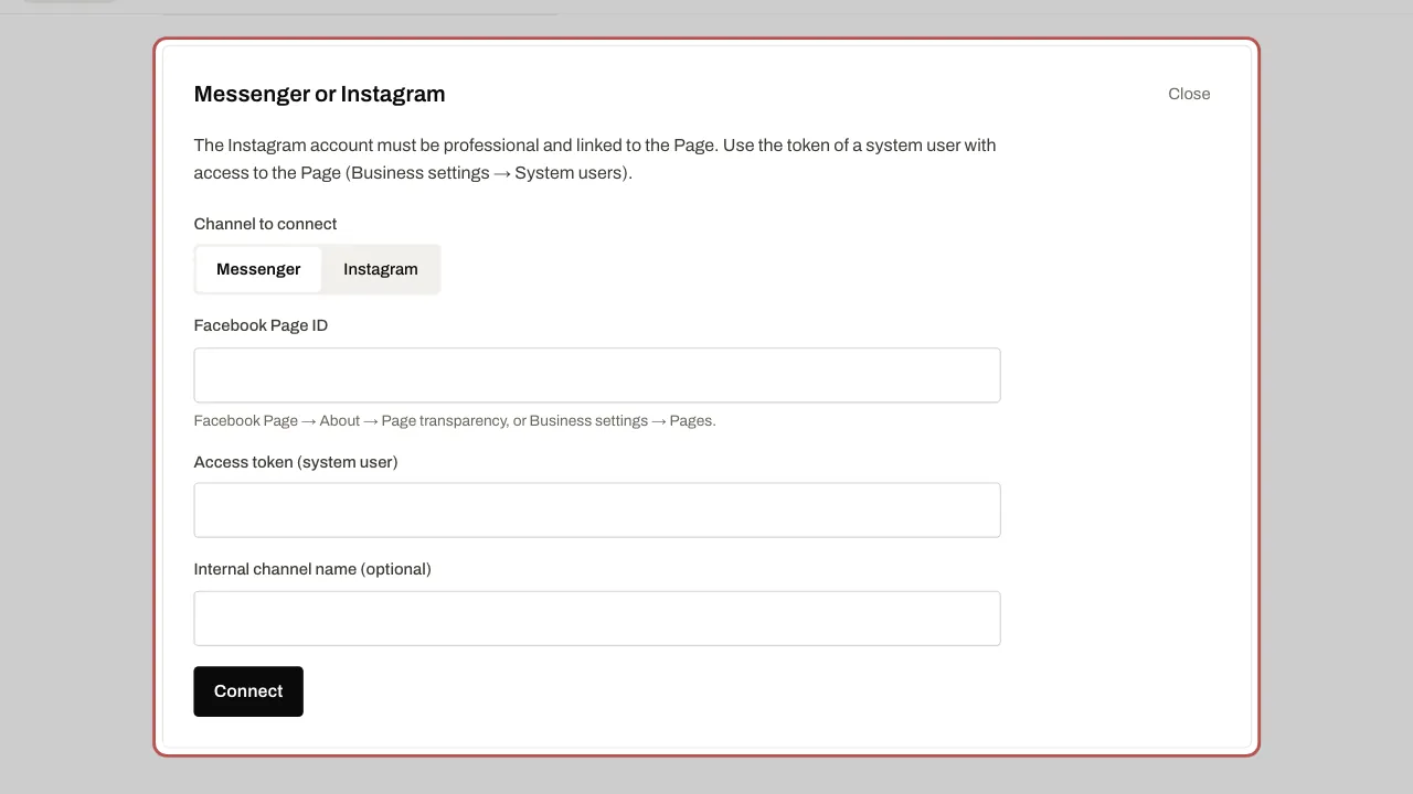 The form to connect a Facebook Page or an Instagram account