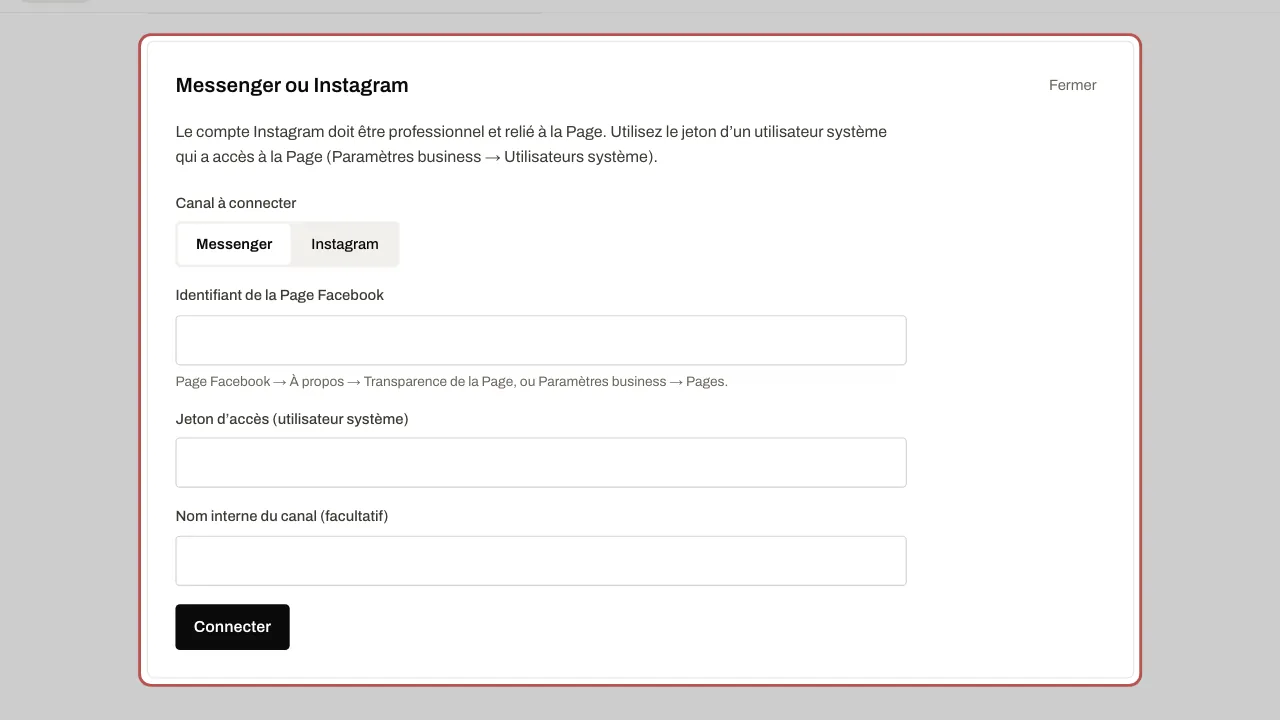 Le formulaire de connexion d’une Page Facebook ou d’un compte Instagram