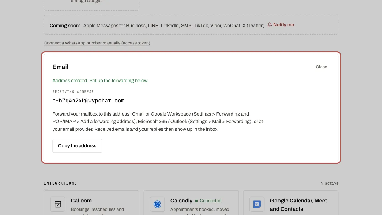 The receiving address created, ready to copy, and how to set up forwarding