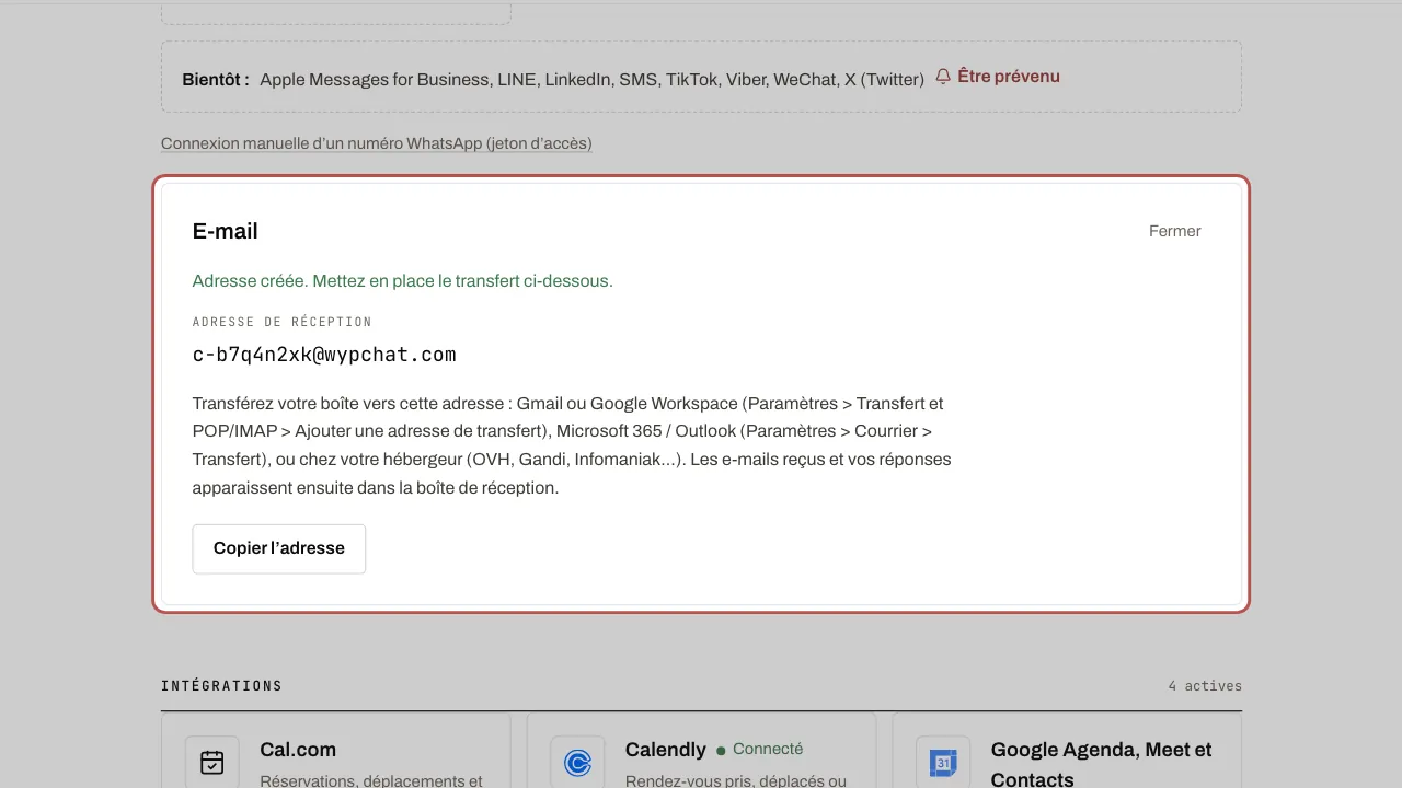 L’adresse de réception créée, à copier, et la marche à suivre pour le transfert