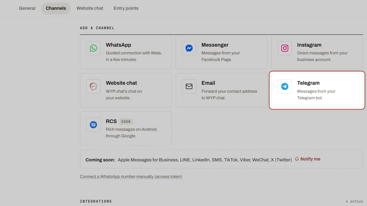 The Settings › Channels page, Add a channel section: the Telegram card is highlighted