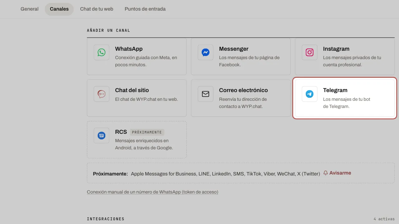 La página Ajustes › Canales, sección Añadir un canal: la tarjeta de Telegram está marcada