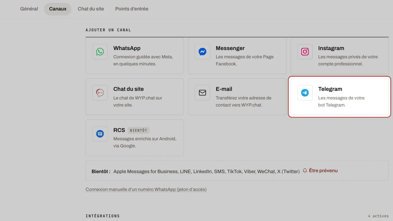 La page Réglages › Canaux, section Ajouter un canal : la carte Telegram est entourée
