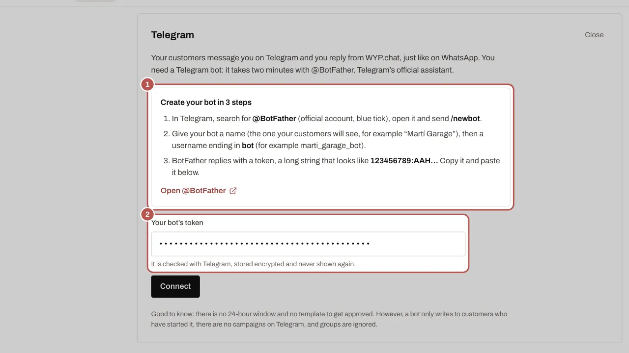 The Telegram form: the steps with @BotFather (1) and the field to paste the token into (2), with the Connect button below