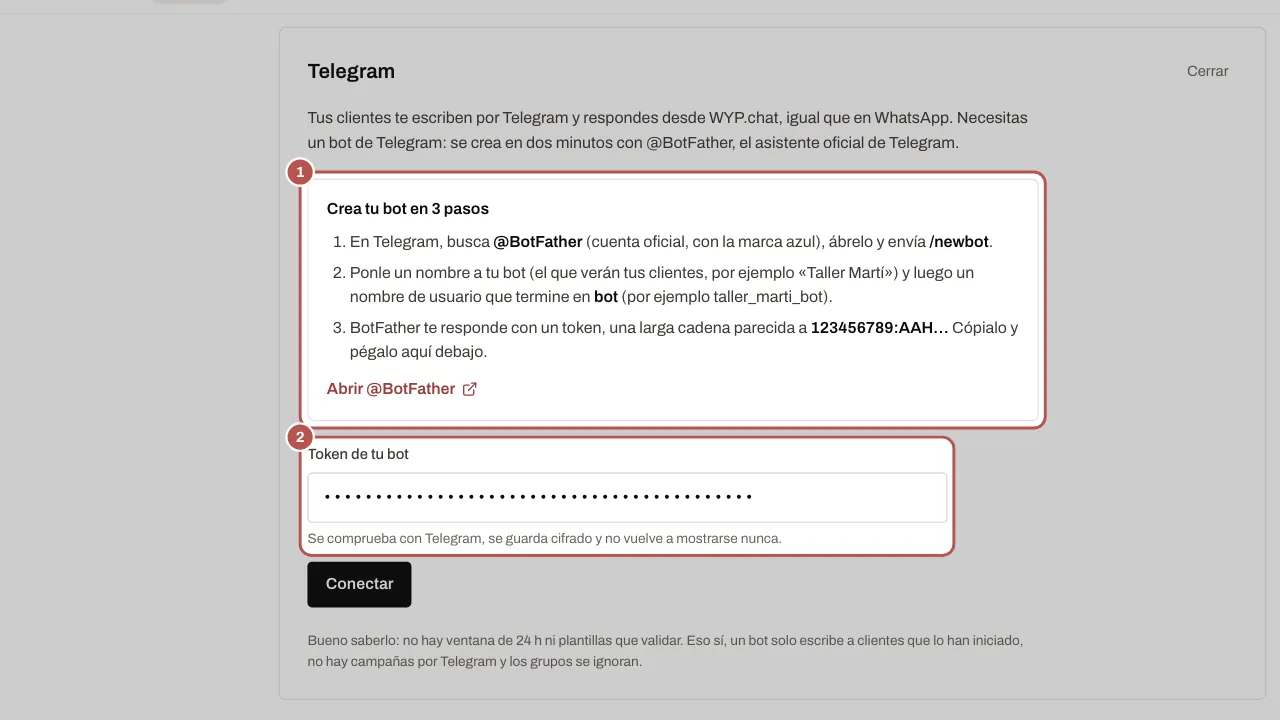 El formulario de Telegram: los pasos con @BotFather (1) y el campo donde pegar el token (2), y debajo el botón Conectar