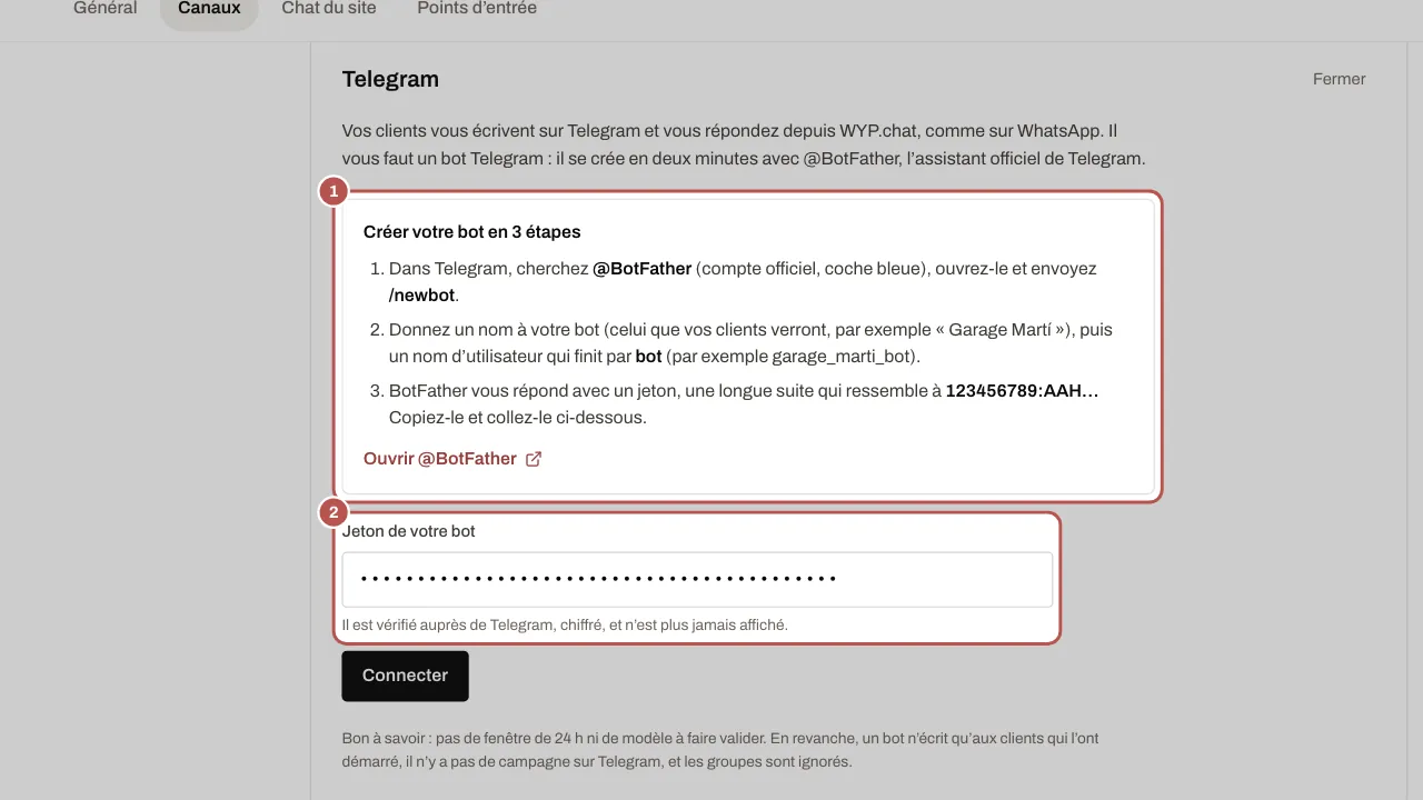 Le formulaire Telegram : la marche à suivre avec @BotFather (1) et le champ où coller le jeton (2), puis le bouton Connecter