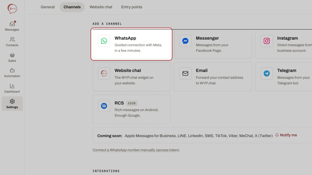 The WhatsApp card, at the top of the channels you can add